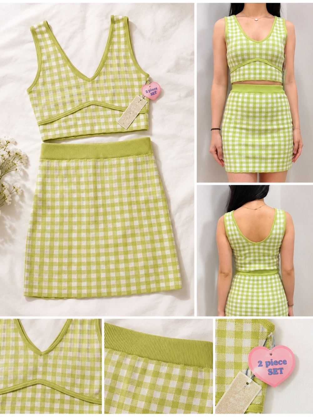 iris Green and White Gingham Knit Mini Dress Set